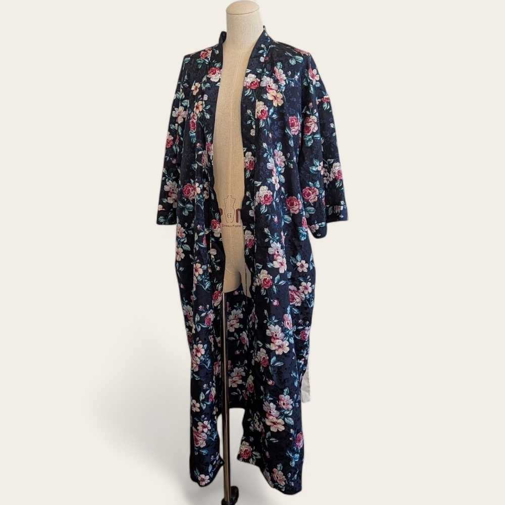 Vintage Erika Taylor Floral Satin Kimono Robe Duster Cottagecore Lounge Boho M - Picture 2 of 11